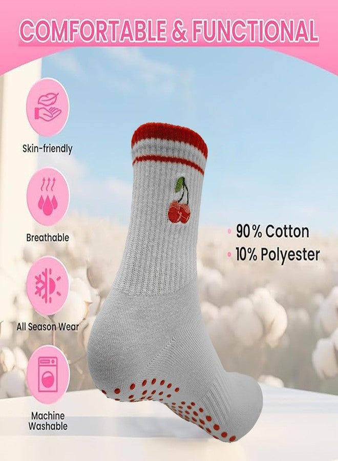 DADAB Cute Pilates Grip Socks for Women - Yoga Grippy Non Slip Barre Sticky Crew Socks for Workout, Hospital Use (1 Packs-cherry) - Image 4